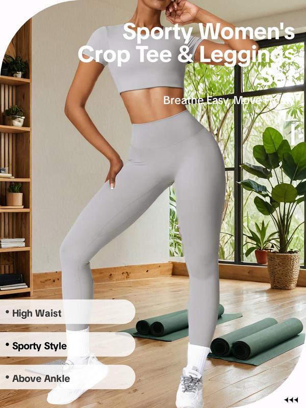 Two Counts Sporty Women's Plain Round Neck Crop Tee & High Waist Leggings Tracksuit Set, Sport Comfy Breathable Two-piece Outfits for Yoga Gym Workout Running, Jogging Suit Set, Ladies Sportswear for Fall,  Jogging Sets for Women, Minimalistic Outfit