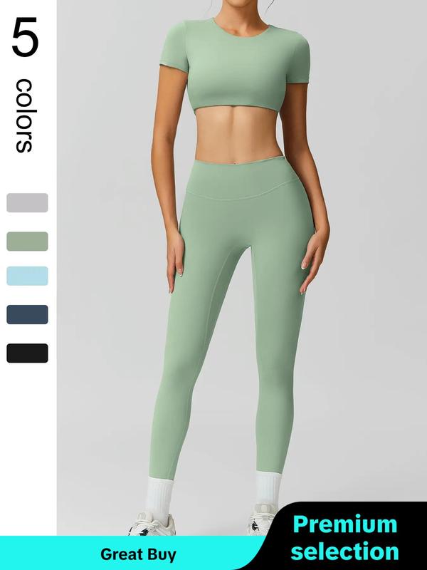 Two Counts Sporty Women's Plain Round Neck Crop Tee & High Waist Leggings Tracksuit Set, Sport Comfy Breathable Two-piece Outfits for Yoga Gym Workout Running, Jogging Suit Set, Ladies Sportswear for Fall,  Jogging Sets for Women, Minimalistic Outfit
