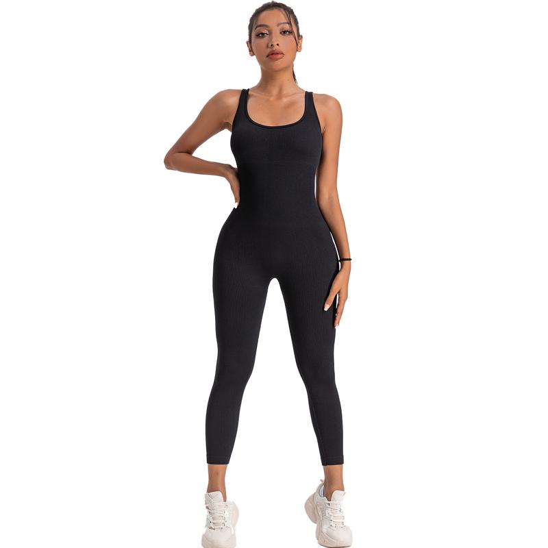 Women's Ribbed Yoga Jumpsuit, Sleeveless Slimming Bodysuit, Sporty Fitness One-Piece Activewear for Gym & Workout, High Stretch Fabric - Womenswear