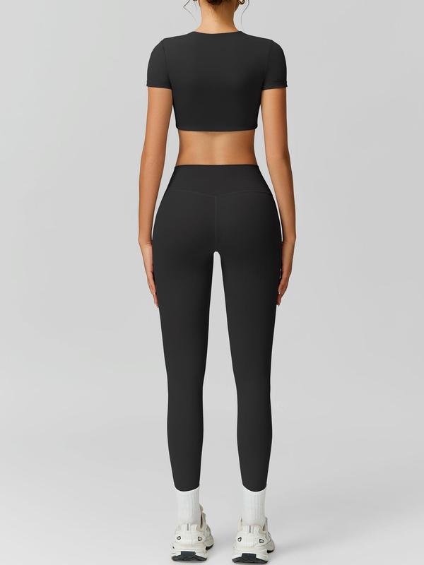 Two Counts Sporty Women's Plain Round Neck Crop Tee & High Waist Leggings Tracksuit Set, Sport Comfy Breathable Two-piece Outfits for Yoga Gym Workout Running, Jogging Suit Set, Ladies Sportswear for Fall,  Jogging Sets for Women, Minimalistic Outfit