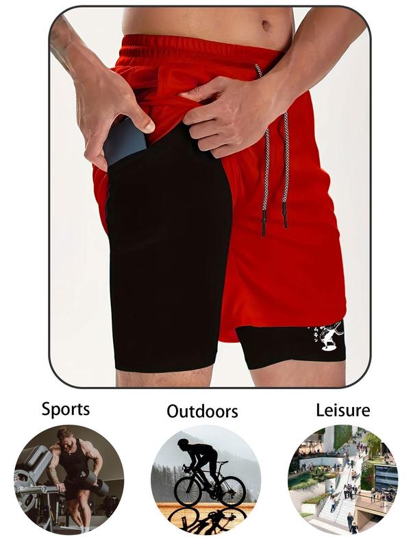 Men's 2 in 1 Pocket Sports Shorts, Sporty Drawstring Waist Towel Loop Design Track Shorts, Gym Shorts, Gym Clothing for Men, Shorts for Men, Gym Shorts for Men, Mens Shorts, Summer Outfits 2024 Graphic Shorts, Gym Clothes