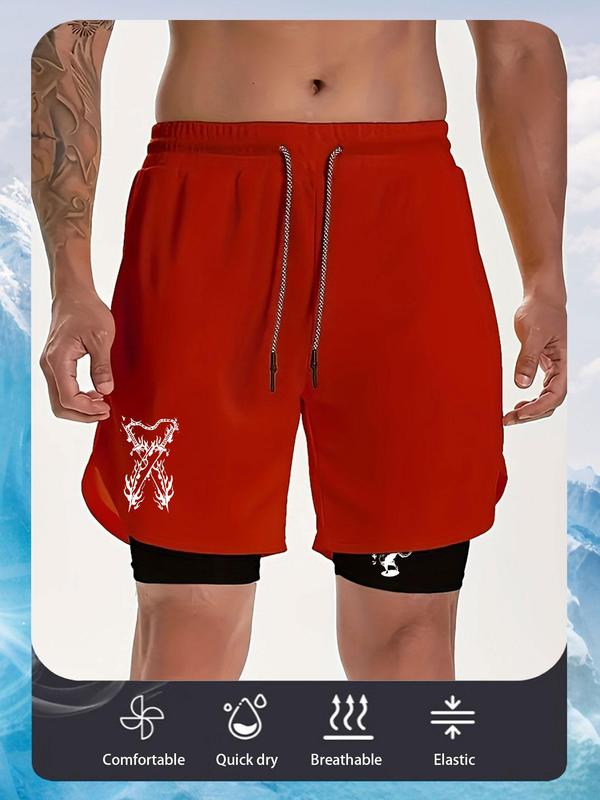 Men's 2 in 1 Pocket Sports Shorts, Sporty Drawstring Waist Towel Loop Design Track Shorts, Gym Shorts, Gym Clothing for Men, Shorts for Men, Gym Shorts for Men, Mens Shorts, Summer Outfits 2024 Graphic Shorts, Gym Clothes