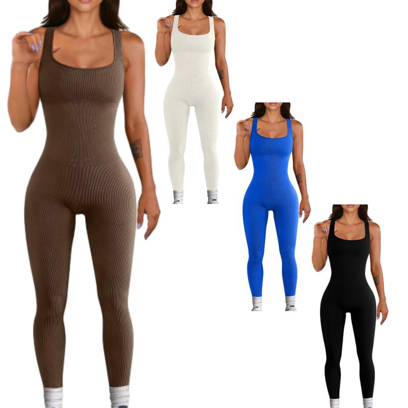 Women's Ribbed Yoga Jumpsuit, Sleeveless Slimming Bodysuit, Sporty Fitness One-Piece Activewear for Gym & Workout, High Stretch Fabric - Womenswear