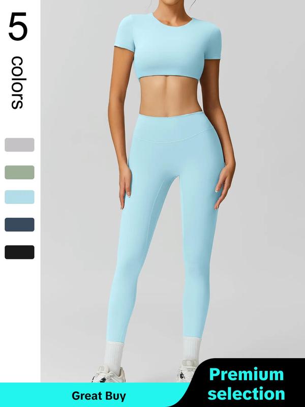 Two Counts Sporty Women's Plain Round Neck Crop Tee & High Waist Leggings Tracksuit Set, Sport Comfy Breathable Two-piece Outfits for Yoga Gym Workout Running, Jogging Suit Set, Ladies Sportswear for Fall,  Jogging Sets for Women, Minimalistic Outfit
