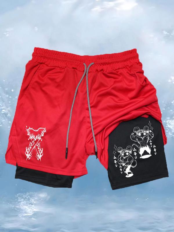 Men's 2 in 1 Pocket Sports Shorts, Sporty Drawstring Waist Towel Loop Design Track Shorts, Gym Shorts, Gym Clothing for Men, Shorts for Men, Gym Shorts for Men, Mens Shorts, Summer Outfits 2024 Graphic Shorts, Gym Clothes
