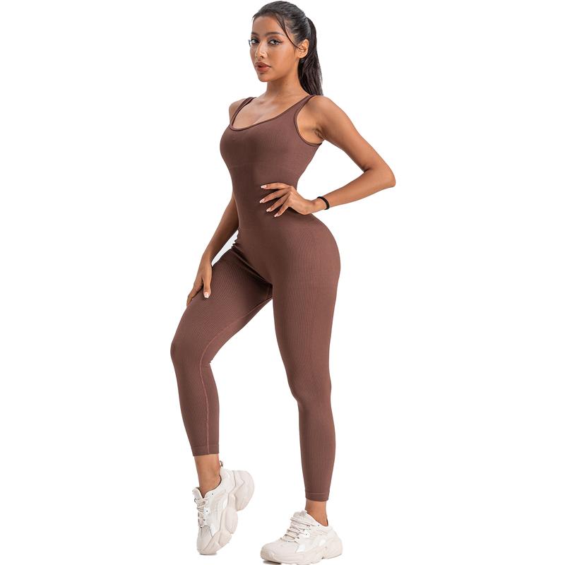 Women's Ribbed Yoga Jumpsuit, Sleeveless Slimming Bodysuit, Sporty Fitness One-Piece Activewear for Gym & Workout, High Stretch Fabric - Womenswear