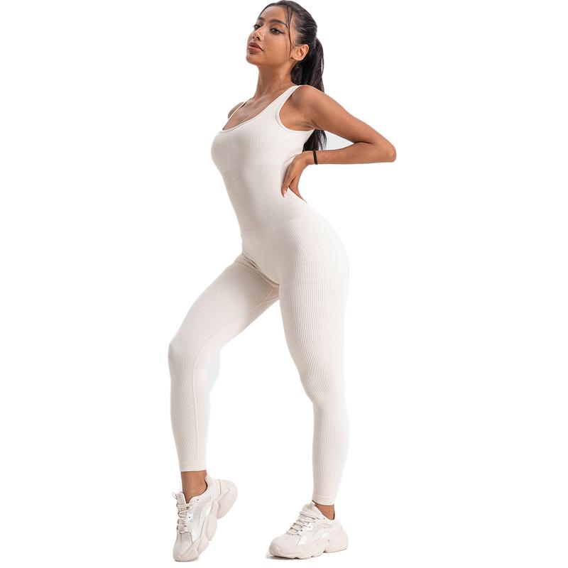 Women's Ribbed Yoga Jumpsuit, Sleeveless Slimming Bodysuit, Sporty Fitness One-Piece Activewear for Gym & Workout, High Stretch Fabric - Womenswear