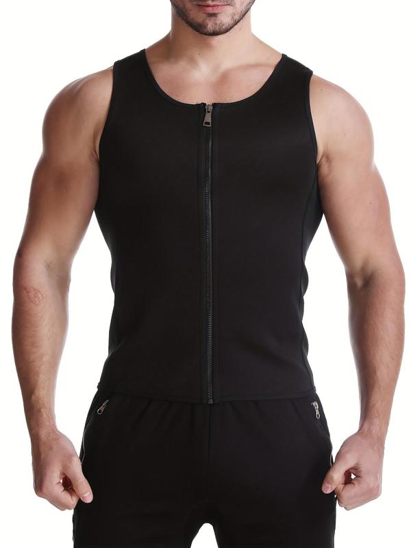 Men's Solid Zipper Sports Vest, Tight Sporty Round Neck Compression Tank Top, Men Sports Clothing for Workout Gym Exercise