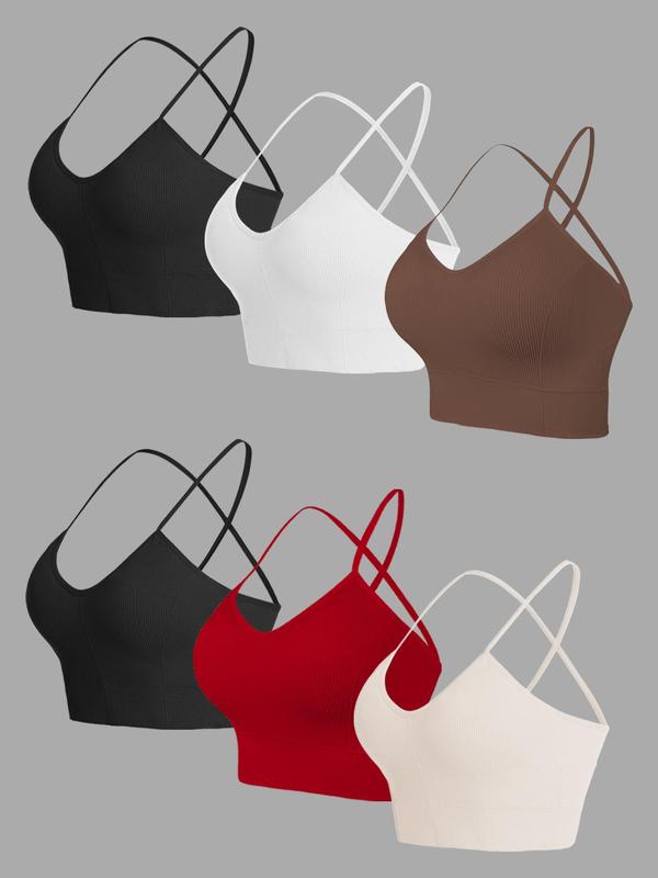 Women's 6pcs Solid Ribbed Criss Cross Backless Sports Bra, Breathable Comfortable Sports Bra for Yoga Gym Workout, Summer Outfits, Ladies Sportswear for All Seasons, Gym Clothing, Bras for Women, 6 Piece Sets