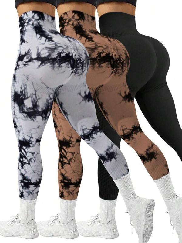 Women's Solid & Tie Dye Print High Waist Sports Leggings, Casual Comfy Breathable Seamless Skinny Pants for Yoga Gym Workout, Ladies Sportswear for All Seasons