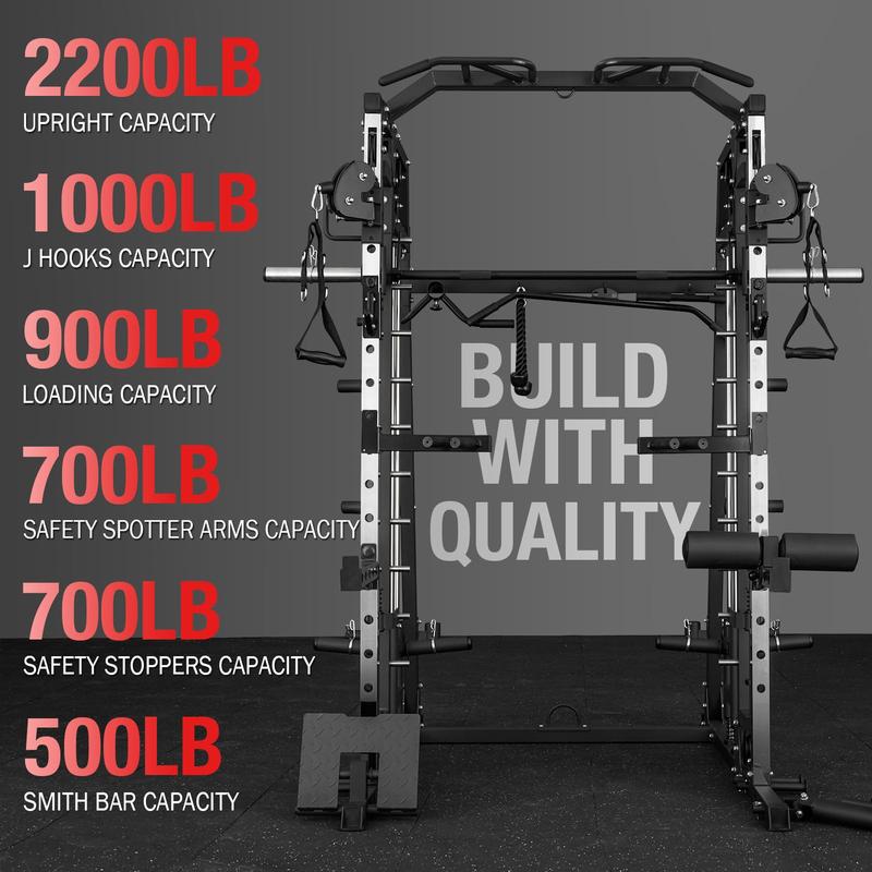 Mikolo Smith Machine, 2200lbs Squat Rack with LAT-Pull Down System & Cable Crossover Machine, Training Equipment with Leg Hold-Down Attachment