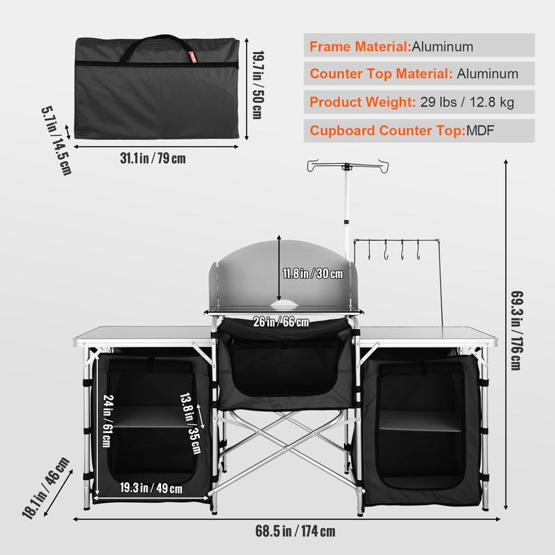 VEVOR Camping Kitchen Table, Folding Outdoor Cooking Table with Storage Carrying Bag, Aluminum Cook Station 3 Cupboard & Detachable Windscreen, Quick Set-up for Picnics, BBQ, RV Traveling, Black