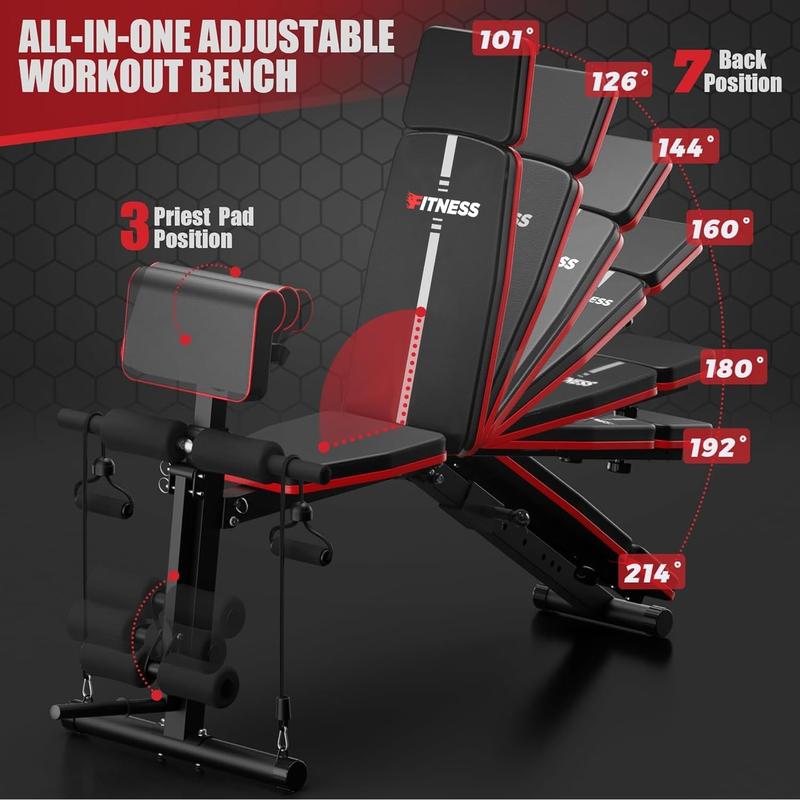 Adjustable Weight Bench - Workout Bench Press for Home Gym, Foldable Incline Decline Sit up Exercise Bench w Leg Extension and Preacher Pad