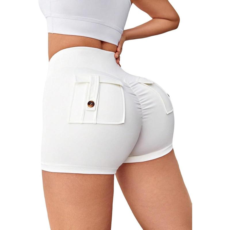 Flap Pocket Biker Shorts Scrunch Butt Lifting Tummy Control Workout Shorts