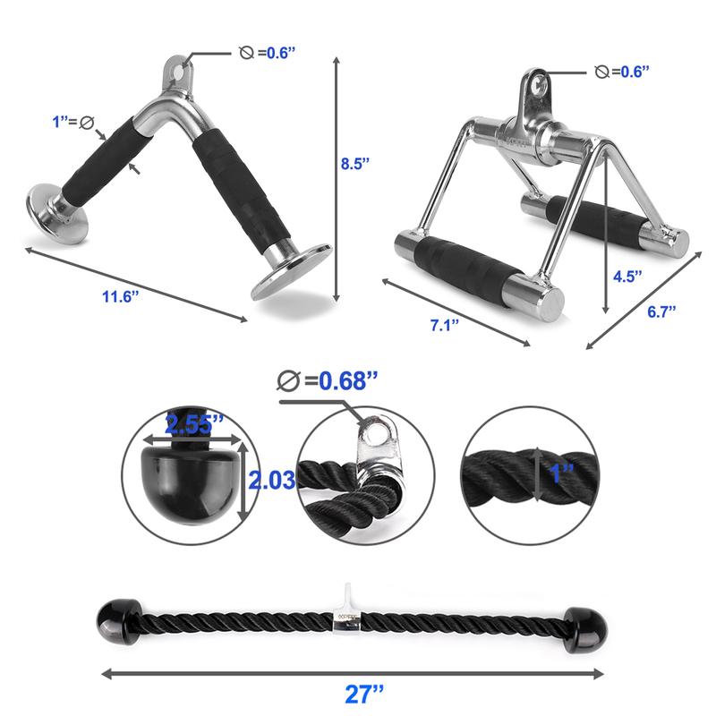 XPRT Pull Down Attachment Set of 3 - Cable Machine Accessories for Home Gym - Made of Heavy Duty Solid Steel- ‎V Handle+V Shaped Bar+Tricep Rope