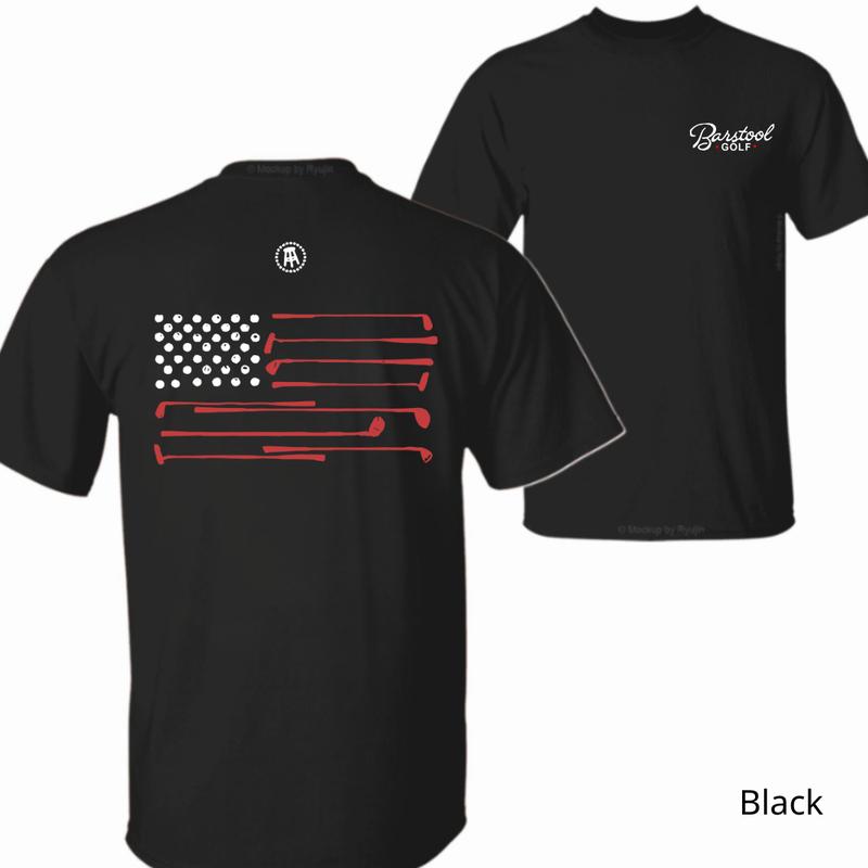 Barstool Golf T-Shirt - Featuring a unique American flag design made from golf clubs, ideal for golf lovers and sports enthusiasts. Unisex.