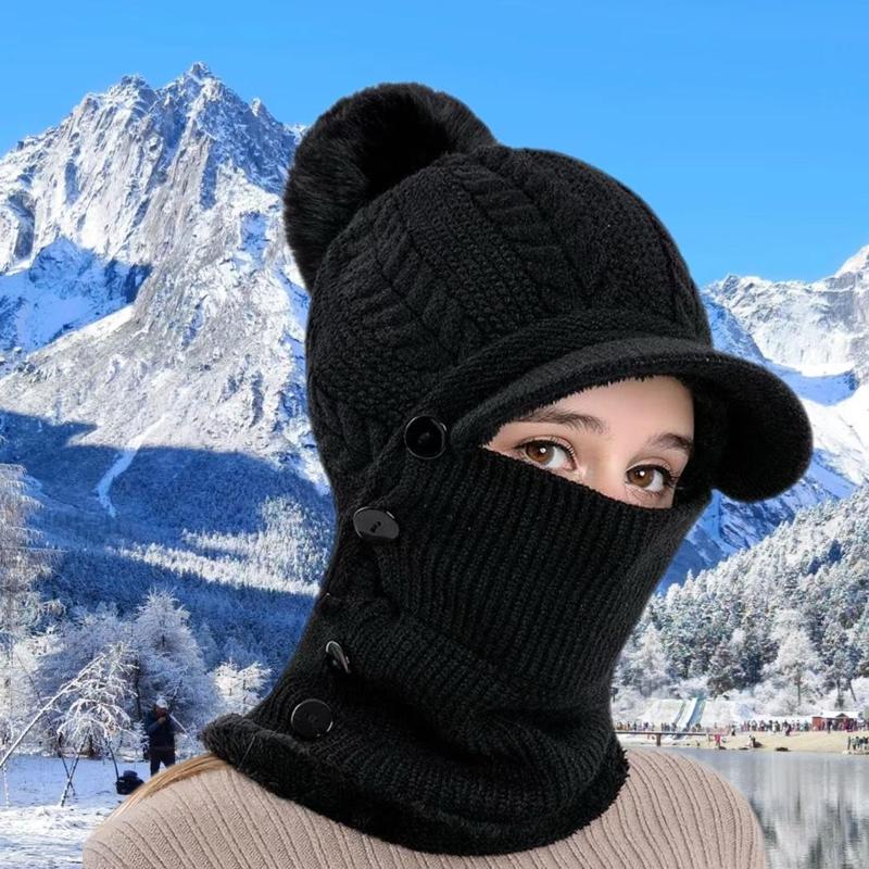 Winter Warm Knit Hat with Scarf, Windproof Knit Hat with Ear Cover, Outdoor Sports Hat for Skiing, Snowboarding, Cycling, Running, Hiking