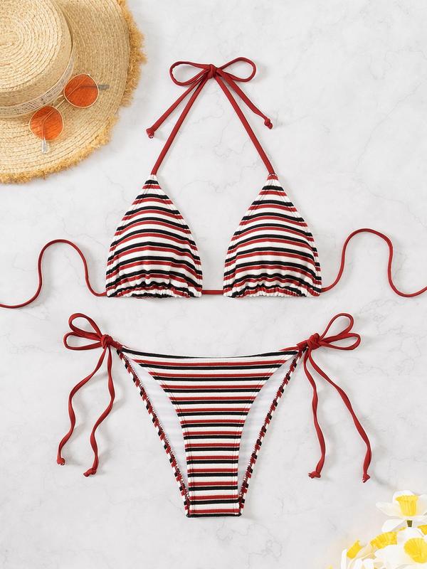 Women's Striped Print Tie Back Bikinis Set, Fashion Halter Triangle Swim Bra & Tie Side Swim Bottom for Beach Vacation, Ladies Summer Clothes