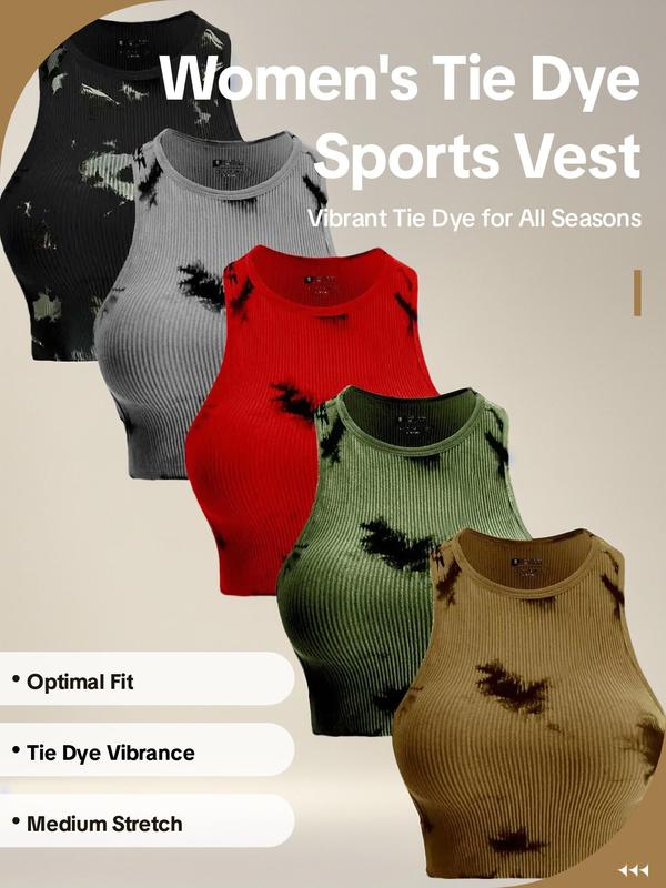 Women's Tie Dye Print Round Neck Sports Vest, Casual Sporty Sleeveless Ribbed Tank Top for Tennis Pickleball Yoga Workout, Running Vest,  Sports Tops, Clothes, Gym Clothing, Back To School Clothes, Ladies Sportswear for All Seasons