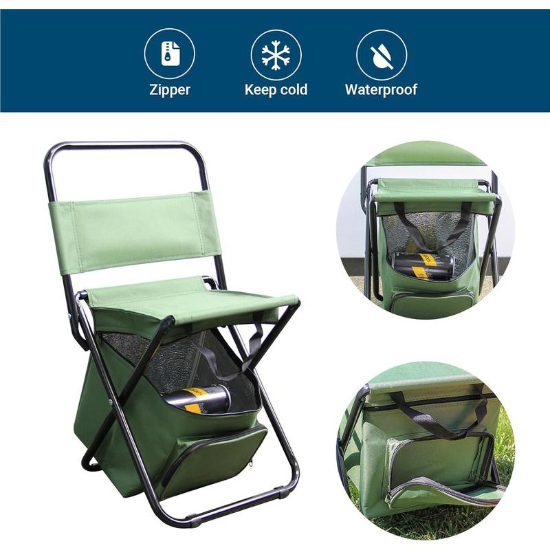 Portable Foldable Camping Chair with Cooler Bag with Backrest Fishing Stool Hunting Chair Backpack for Fishing Hiking Hunting (Green)