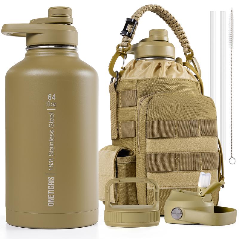 OneTigris 64 oz Water Bottle with Straw – Leak-Proof Hydration Bottle with 3 Lids and MOLLE Pouch, Perfect Christmas Gift for Outdoor, Sport, Gym, and Travel