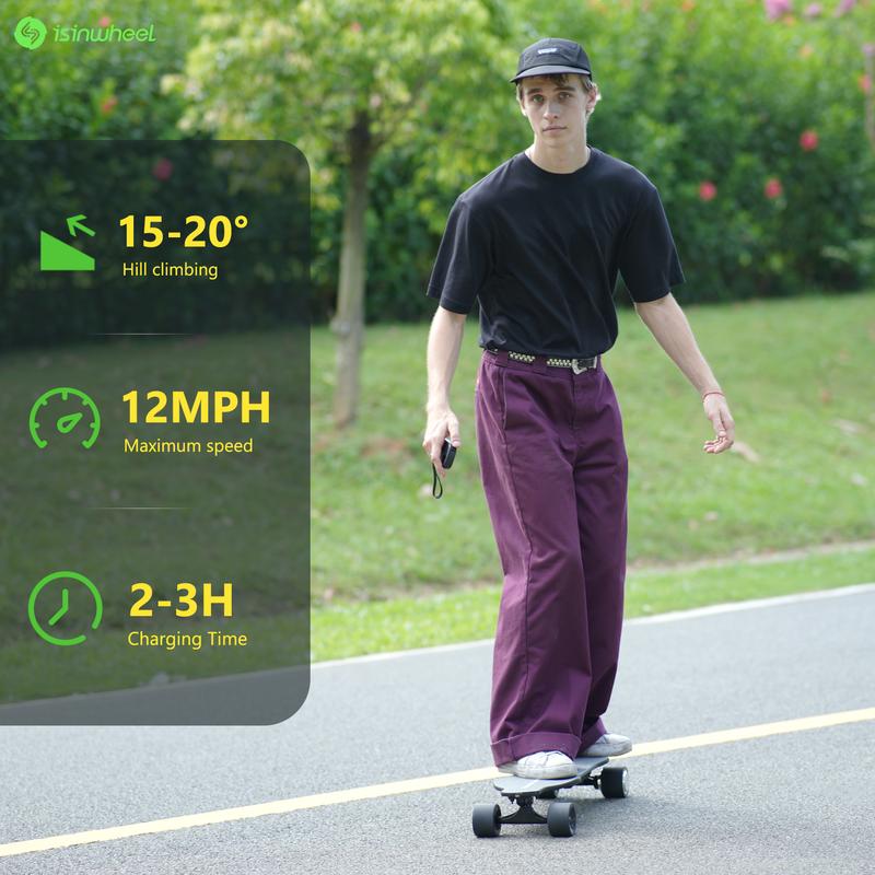  isinwheel V6 Electric Skateboard, 450W Peak Power, 10 Miles Max Range, 12 MPH Top Speed, 3 Speed modes, 8 Layers Maple E-Skateboard with Remote Control for Teenager