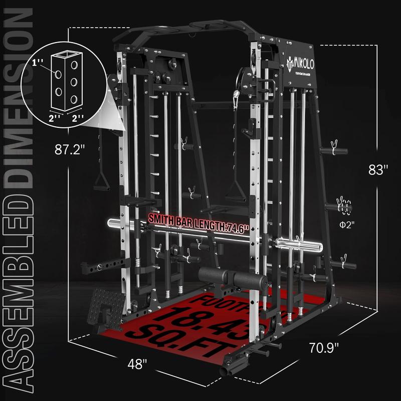 Mikolo Smith Machine, 2200lbs Squat Rack with LAT-Pull Down System & Cable Crossover Machine, Training Equipment with Leg Hold-Down Attachment