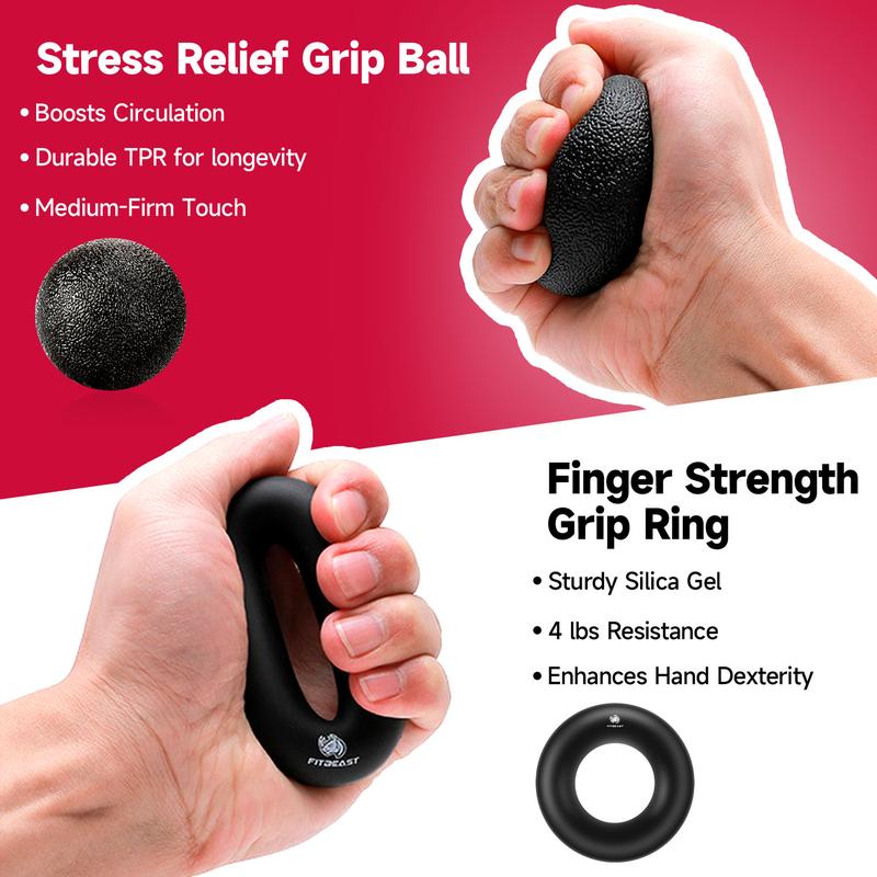 FitBeast Counting Hand Grip Strengthener Workout Kit (5 Pack), 2 Forearm Grip Adjustable Resistance Hand Gripper, Finger Stretcher, Grip Ring & Stress Relief Grip Ball for Athletes