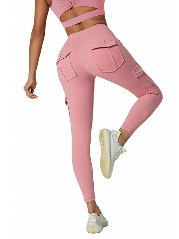 Women's Solid High Waist Sports Leggings, Casual Breathable Pocket Skinny Pants, Ladies Sportswear for Yoga Gym Workout Running, Tummy Control