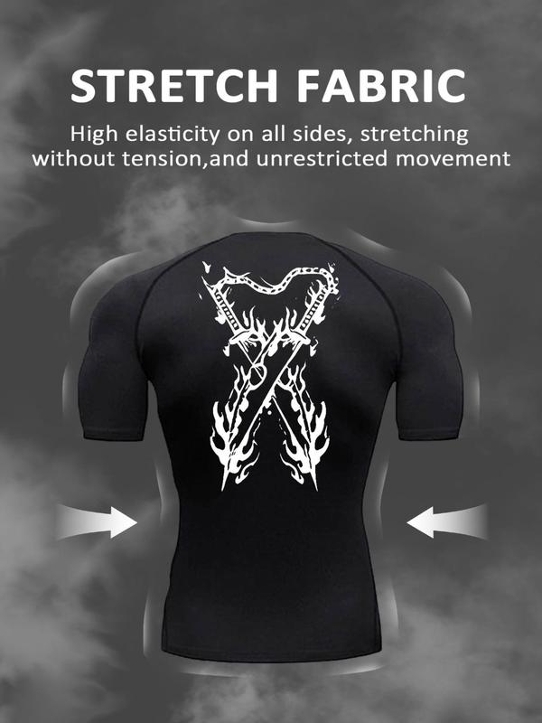 Men's Regular Fit Fire & Sword Print Round Neck Sports Tee, Quick Drying Breathable Crew Neck Short Sleeve T-shirt for Gym Workout Running, Casual Sporty Top for Men