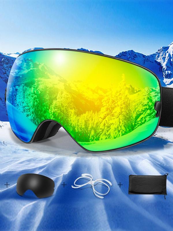 Ski Goggles, OTG Ski Goggles with Replacement Lens & Storage Bag & Eyeglass Cloth, UV 400 Protective Skiing Sunglasses, Sports Eyewear for Men & Women