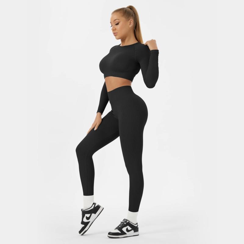 Two-piece Set Women's Solid Color Long Sleeve Round Neck Top & Leggings Tracksuit Set, Sporty Comfy Breathable,  High waist matching