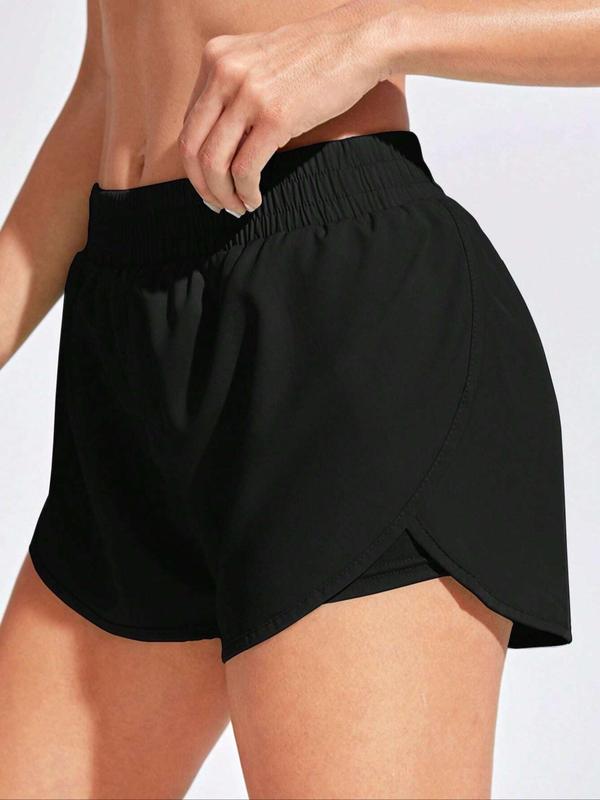 Women's Solid 2 in 1 Elastic Waist Sports Shorts, Sporty Breathable Comfortable Shorts, Ladies Sportswear for Indoor Outdoor Wear