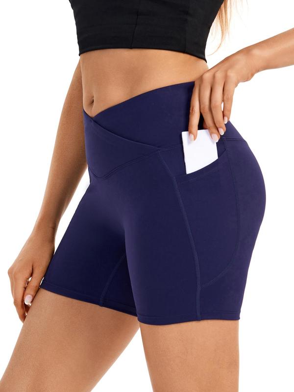 Women's Plain Cross Wrap High Waist Sports Gym Shorts, Casual Comfy Breathable Pocket Biker Shorts for Gym Yoga Workout Running, Ladies Sportswear for All Seasons