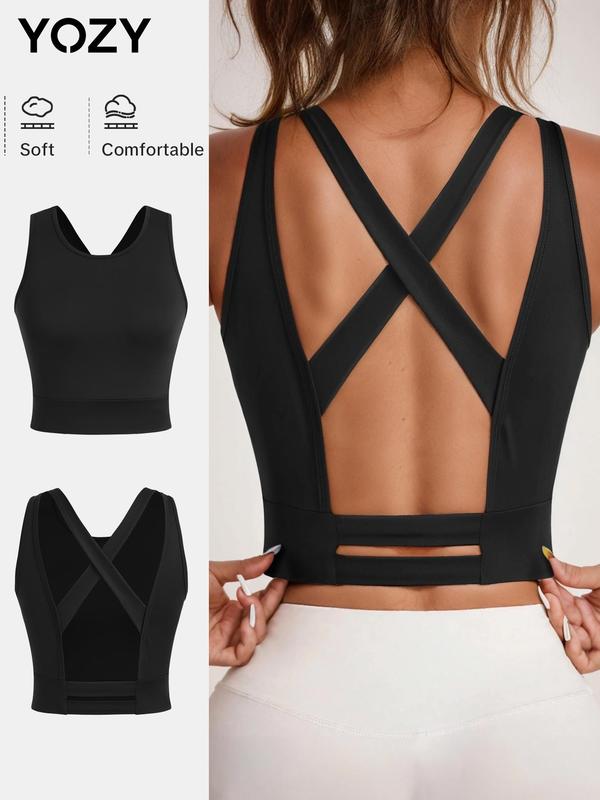 YOZY Black Friday Deals Women's Solid Criss Cross Backless Tank Top, Solid Color Round Neck Sleeveless Sports Top, Ladies Sportswear for Indoor Outdoor Wear, Christmas 2024 Trend, Thanksgiving Clothes, Fall Clothes, Winter Clothes