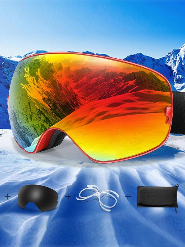 Ski Goggles, OTG Ski Goggles with Replacement Lens & Storage Bag & Eyeglass Cloth, UV 400 Protective Skiing Sunglasses, Sports Eyewear for Men & Women