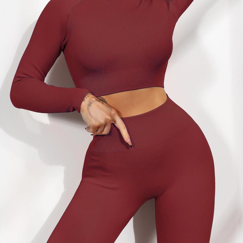 Two-piece Set Women's Solid Color Long Sleeve Round Neck Top & Leggings Tracksuit Set, Sporty Comfy Breathable,  High waist matching