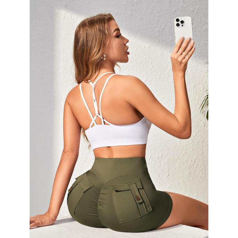 Flap Pocket Biker Shorts Scrunch Butt Lifting Tummy Control Workout Shorts