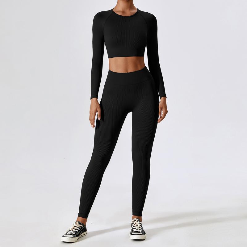 Two-piece Set Women's Solid Color Long Sleeve Round Neck Top & Leggings Tracksuit Set, Sporty Comfy Breathable,  High waist matching