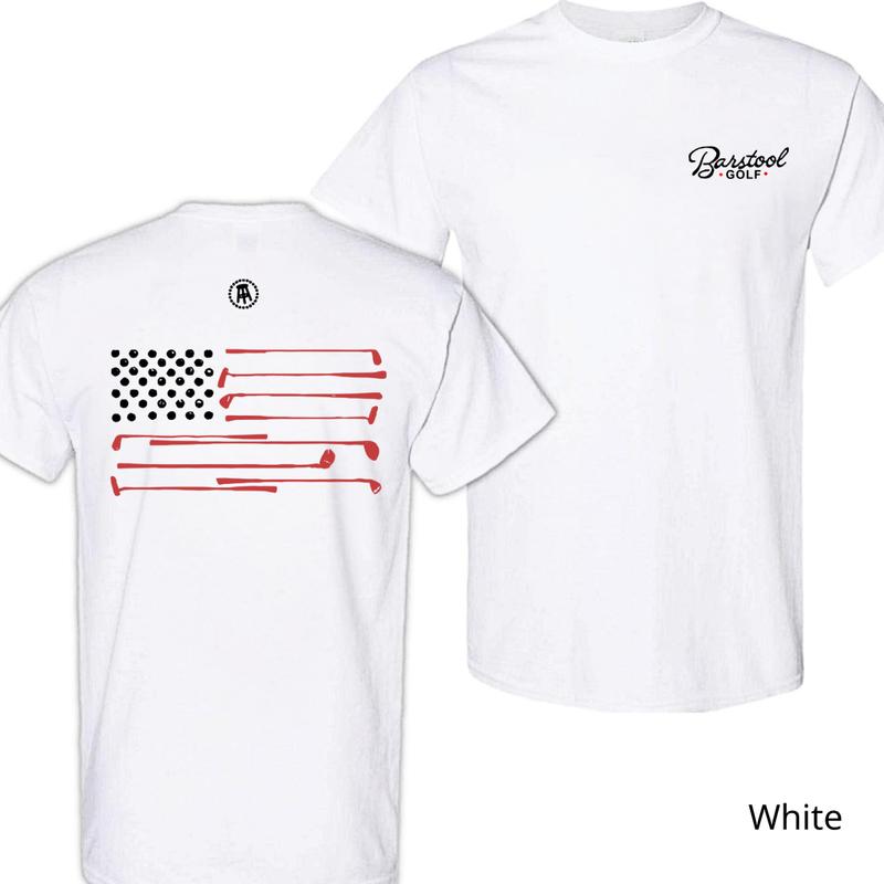 Barstool Golf T-Shirt - Featuring a unique American flag design made from golf clubs, ideal for golf lovers and sports enthusiasts. Unisex.