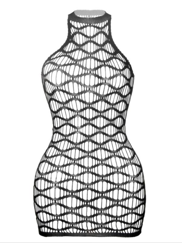 Women's Solid Hollow Out Sheer Fishnet Cover Up Dress, Casual Sleeveless Halter Neck High Waist Cover Up Dress for Summer, Ladies Swimwear for Beach Holiday Vacation