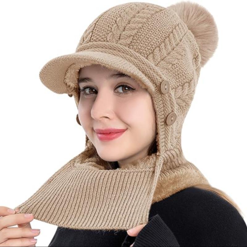 Winter Warm Knit Hat with Scarf, Windproof Knit Hat with Ear Cover, Outdoor Sports Hat for Skiing, Snowboarding, Cycling, Running, Hiking