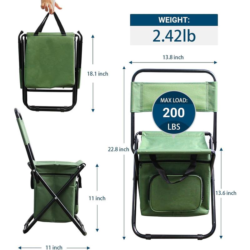 Portable Foldable Camping Chair with Cooler Bag with Backrest Fishing Stool Hunting Chair Backpack for Fishing Hiking Hunting (Green)