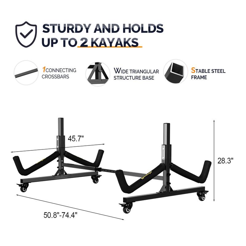 Freestanding Kayak Storage Rack, Suitable for Indoor and Outdoor Garage, Shed, Dock, for Storing Kayaks, Canoes, Paddling, Sup Surfboard, with Locking Wheels, Adjustable Width