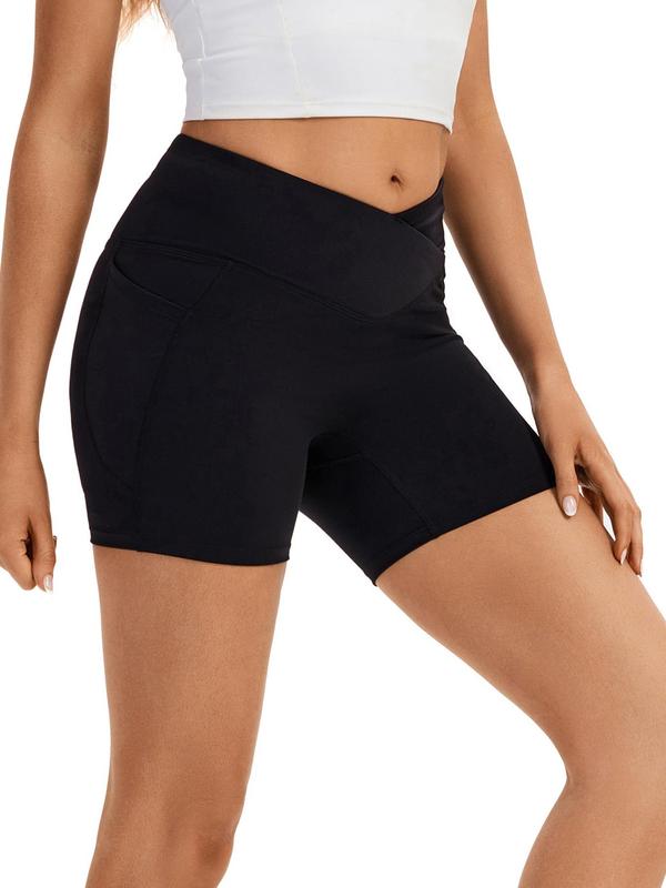 Women's Plain Cross Wrap High Waist Sports Gym Shorts, Casual Comfy Breathable Pocket Biker Shorts for Gym Yoga Workout Running, Ladies Sportswear for All Seasons