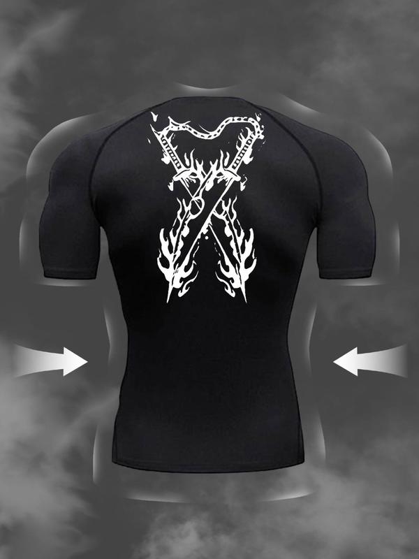 Men's Regular Fit Fire & Sword Print Round Neck Sports Tee, Quick Drying Breathable Crew Neck Short Sleeve T-shirt for Gym Workout Running, Casual Sporty Top for Men