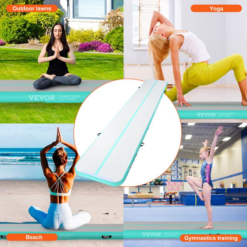 VEVOR Gymnastics Air Mat, 4 inch Thickness Inflatable Gymnastics Tumbling Mat, Tumble Track with Electric Pump, Training Mats for Home Use Gym Yoga Cheerleading Beach Park Water, 20 ft, Mint Green