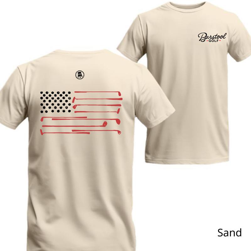 Barstool Golf T-Shirt - Featuring a unique American flag design made from golf clubs, ideal for golf lovers and sports enthusiasts. Unisex.