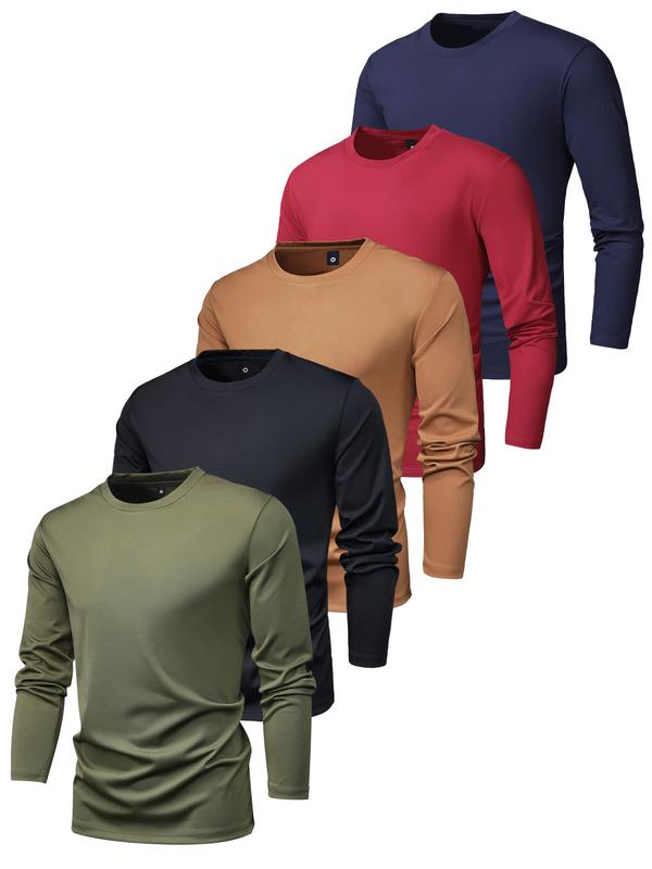 5 Pack Solid Crew Neck Men's Fashionable Long Sleeve Sports T-Shirt, Leisure sports long sleeved T-shirt,Comfortable and Versatile