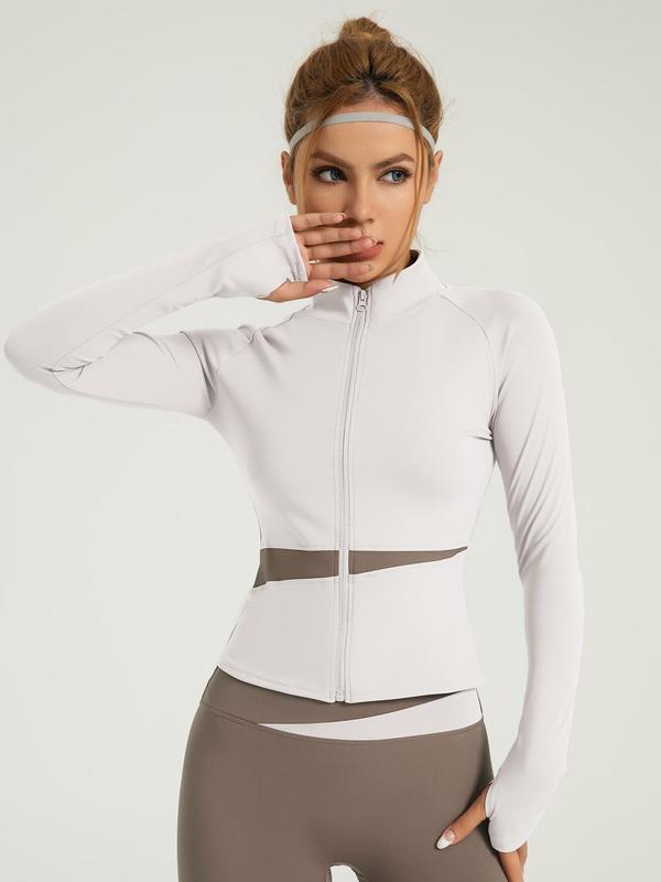 Women's Colorblock Zip Up Thumb Hole Design Sports Jacket, Sports Long Sleeve Zip Front Cycling Top for Gym Workout Running, Ladies Sportswear for All Seasons